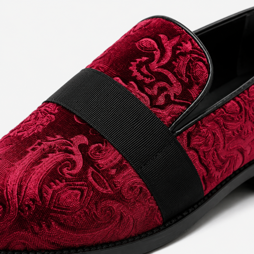 Mens Red Velvet Embroidered Loafers – Baroque Print Slip-On Party Wedding Dress Shoes