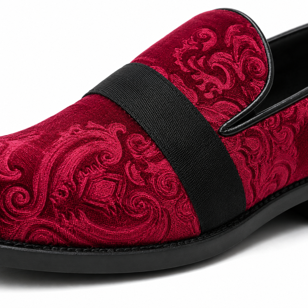 Mens Red Velvet Embroidered Loafers – Baroque Print Slip-On Party Wedding Dress Shoes
