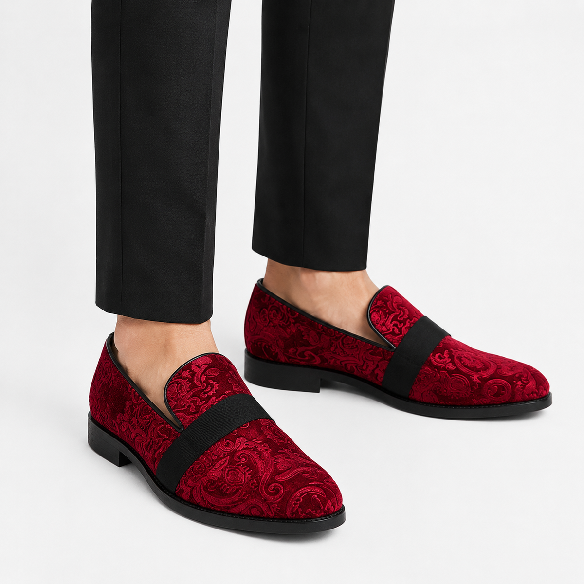Mens Red Velvet Embroidered Loafers – Baroque Print Slip-On Party Wedding Dress Shoes