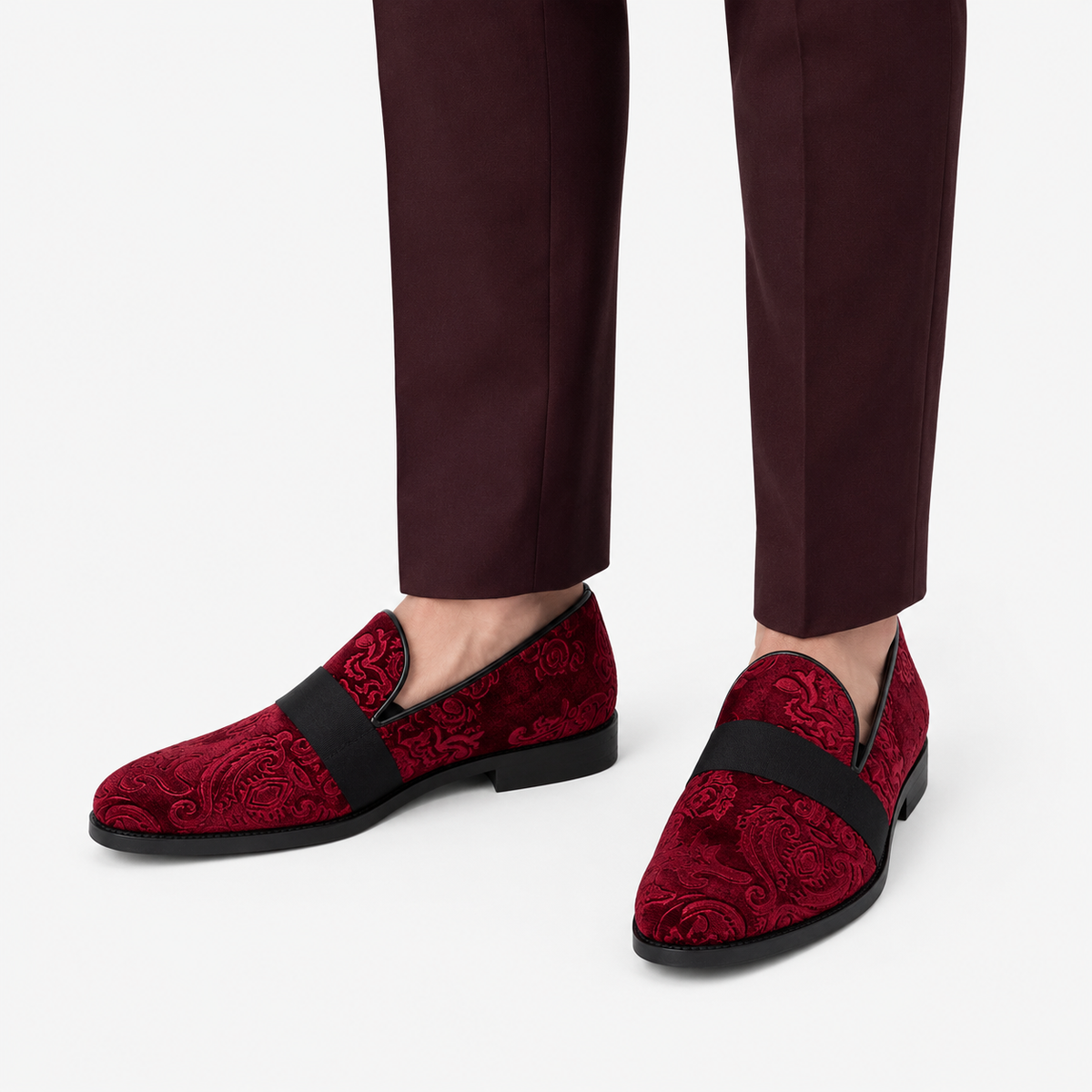 Mens Red Velvet Embroidered Loafers – Baroque Print Slip-On Party Wedding Dress Shoes