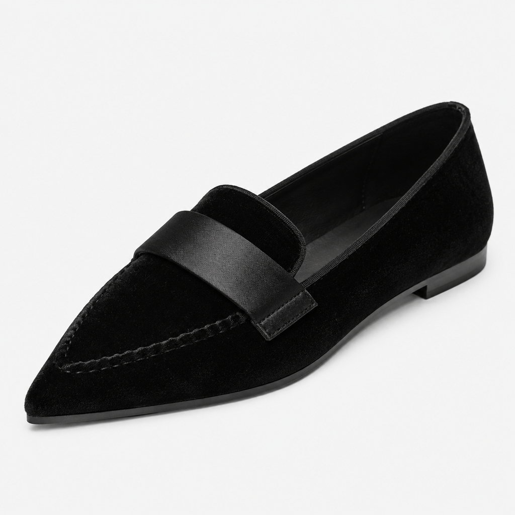Womens Black Luxury Velvet Loafers – Pointed Toe Purple Flat Ballet Casual Shoes