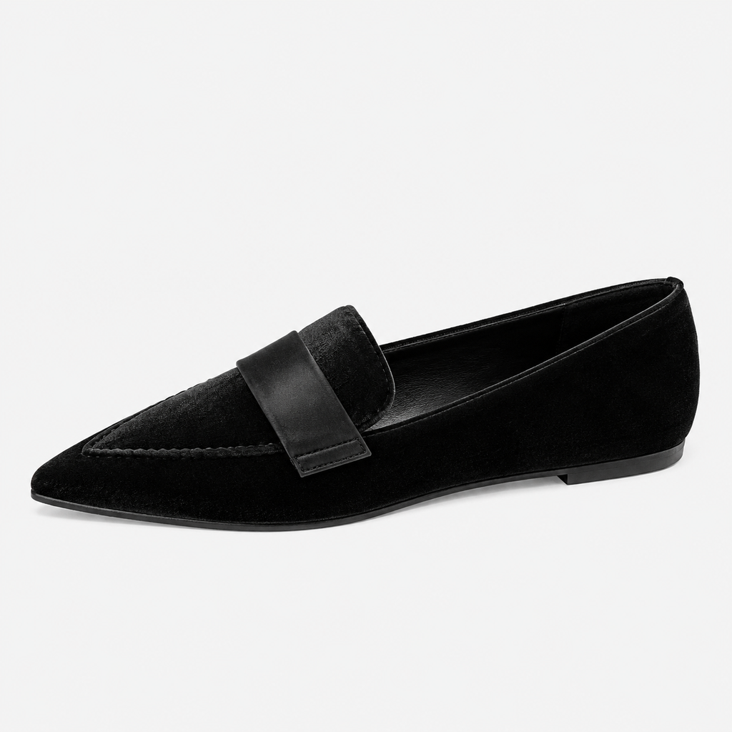 Womens Black Luxury Velvet Loafers – Pointed Toe Purple Flat Ballet Casual Shoes