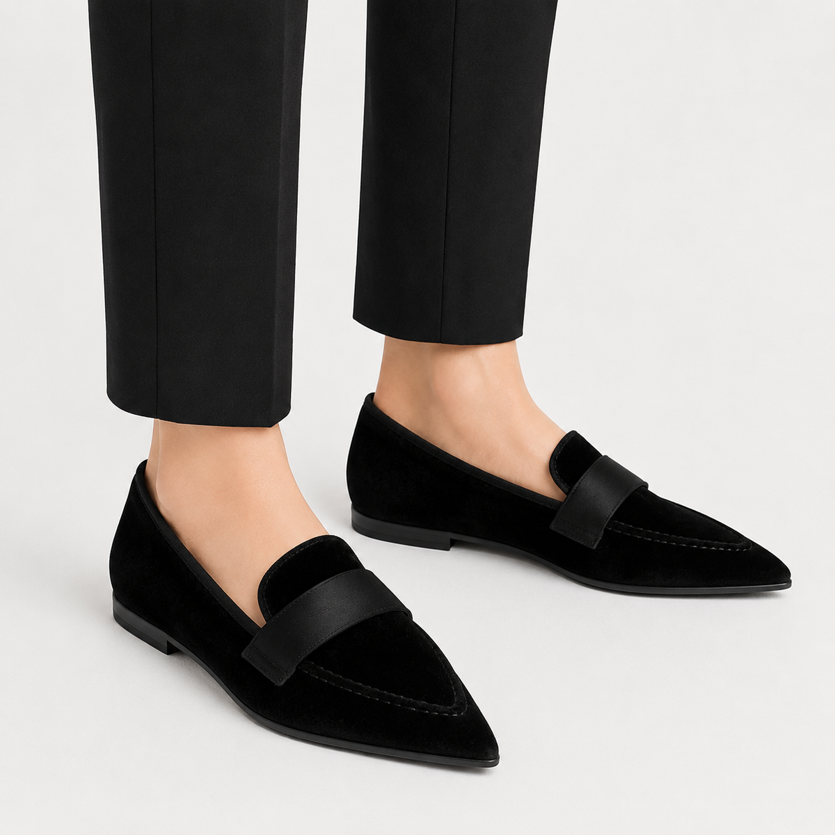 Womens Black Luxury Velvet Loafers – Pointed Toe Purple Flat Ballet Casual Shoes