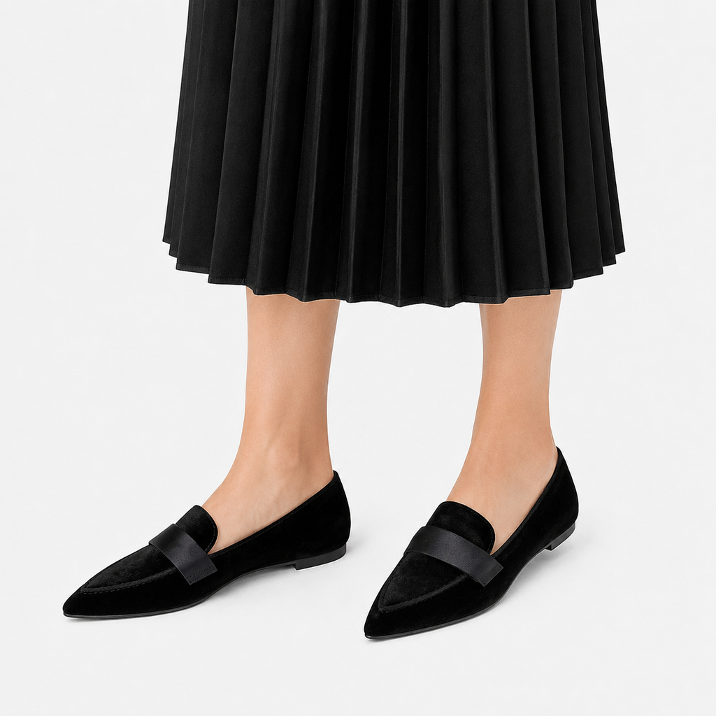 Womens Black Luxury Velvet Loafers – Pointed Toe Purple Flat Ballet Casual Shoes