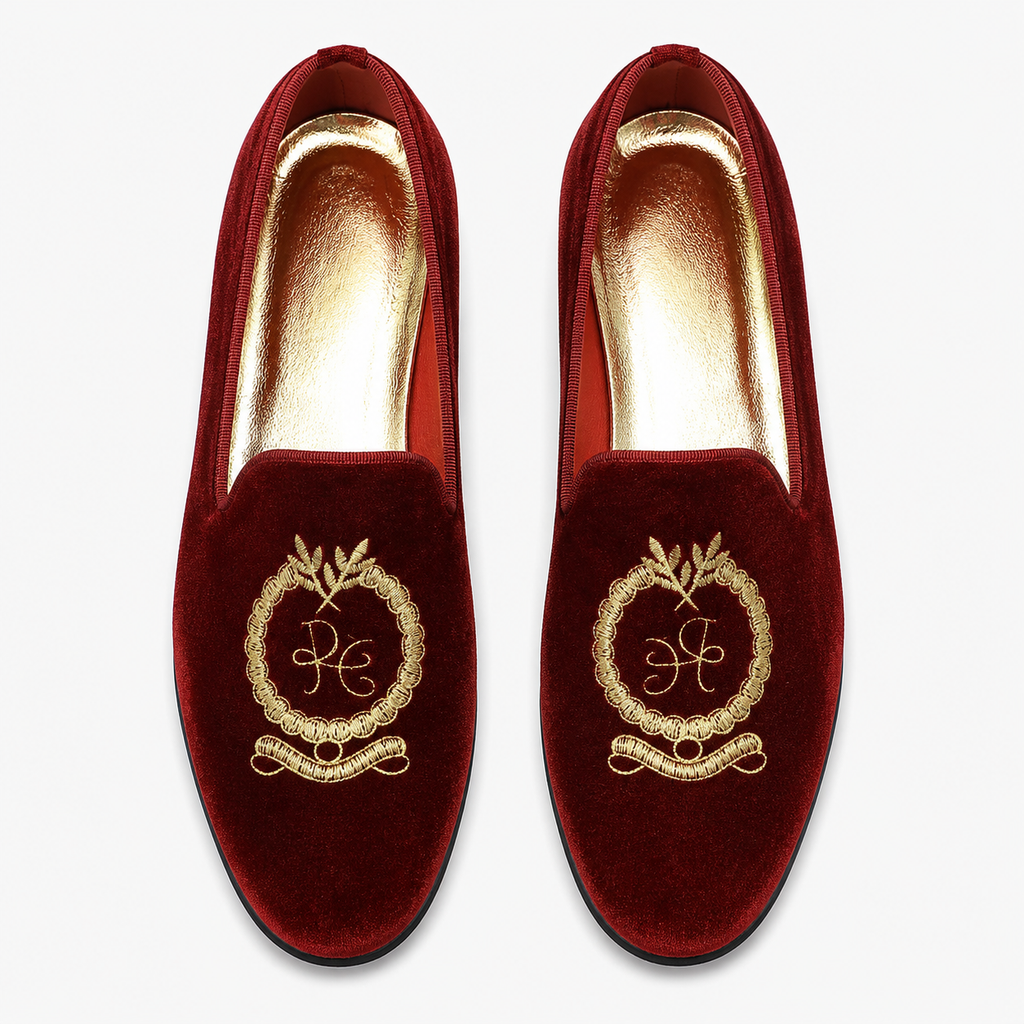 Mens Red Velvet Embroidered Loafers – Pointed Toe Soft Sole Business Casual Flat Shoes
