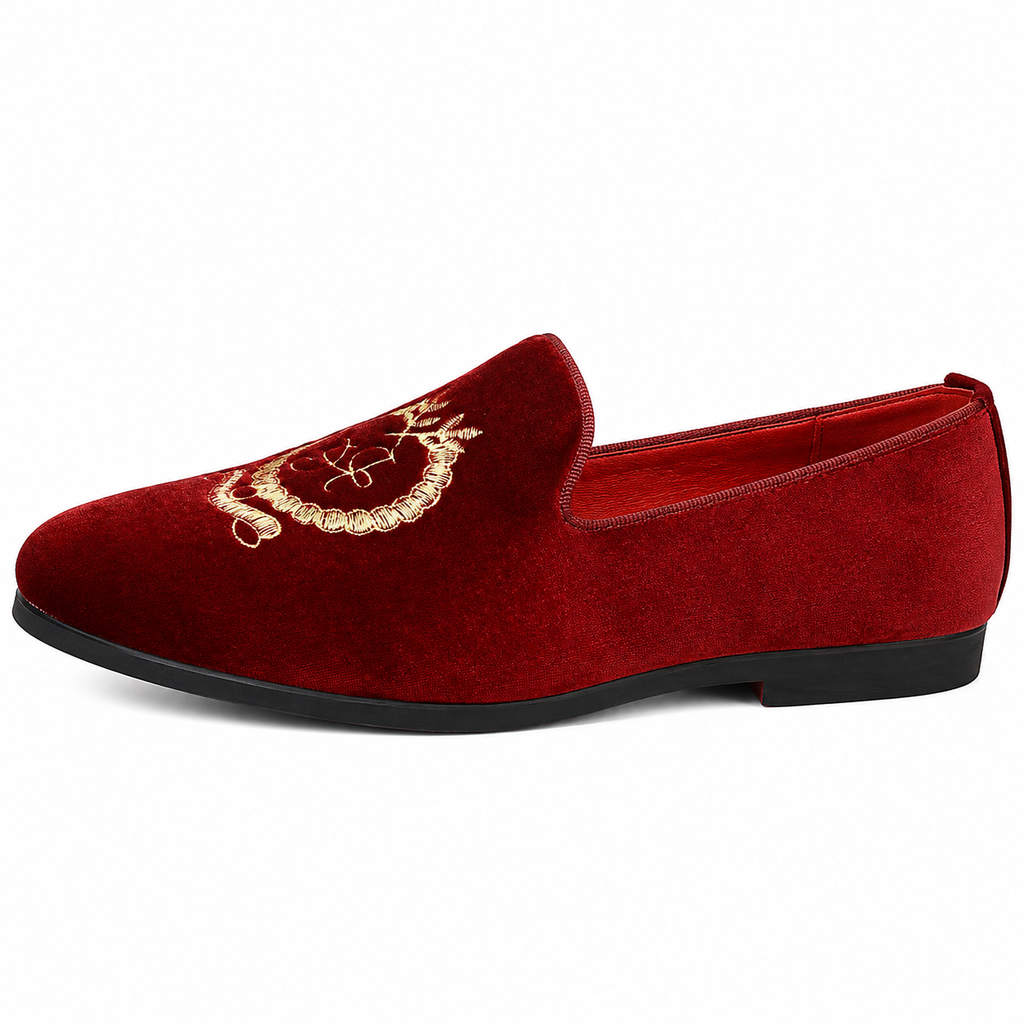 Mens Red Velvet Embroidered Loafers – Pointed Toe Soft Sole Business Casual Flat Shoes
