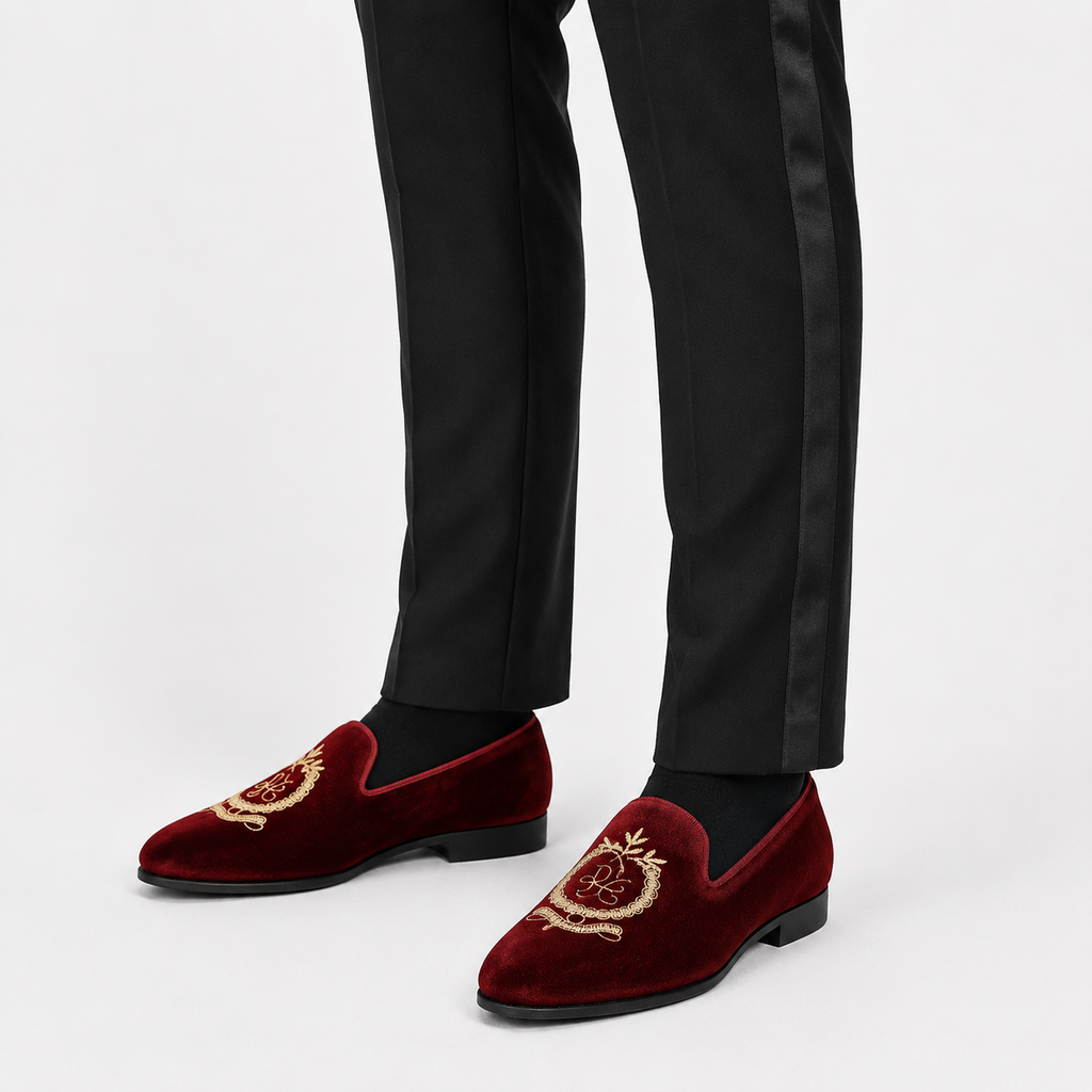 Mens Red Velvet Embroidered Loafers – Pointed Toe Soft Sole Business Casual Flat Shoes