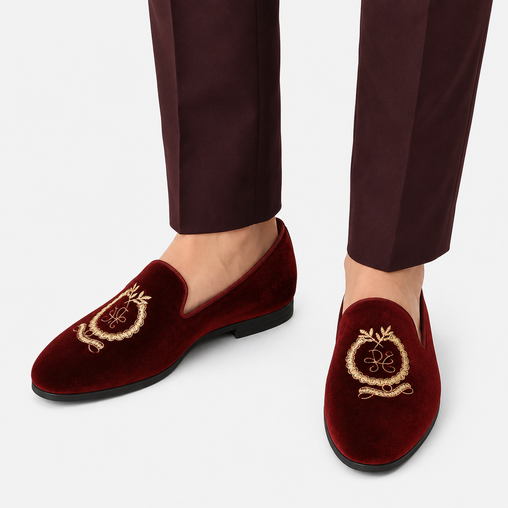 Mens Red Velvet Embroidered Loafers – Pointed Toe Soft Sole Business Casual Flat Shoes