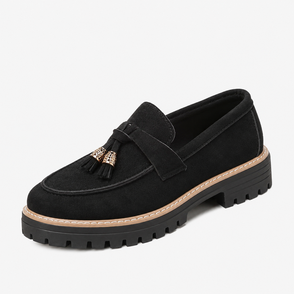 Womens Black Velvet Loafers – Metal Heel Round Toe Comfortable Casual Slip-On Shoes