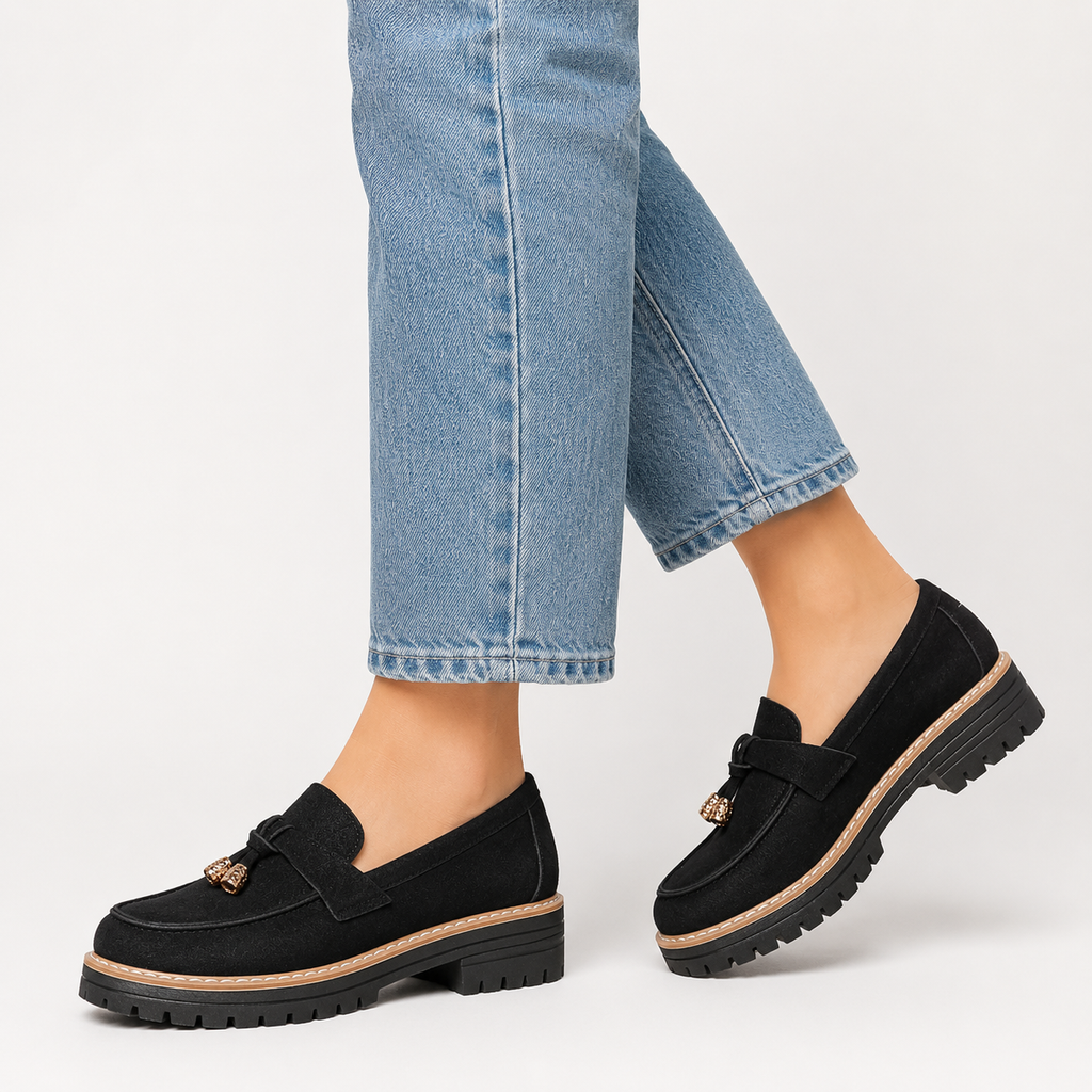 Womens Black Velvet Loafers – Metal Heel Round Toe Comfortable Casual Slip-On Shoes
