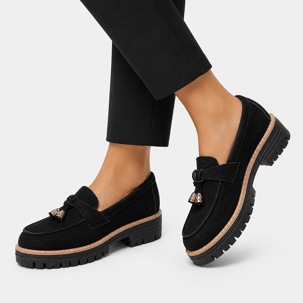 Womens Black Velvet Loafers – Metal Heel Round Toe Comfortable Casual Slip-On Shoes