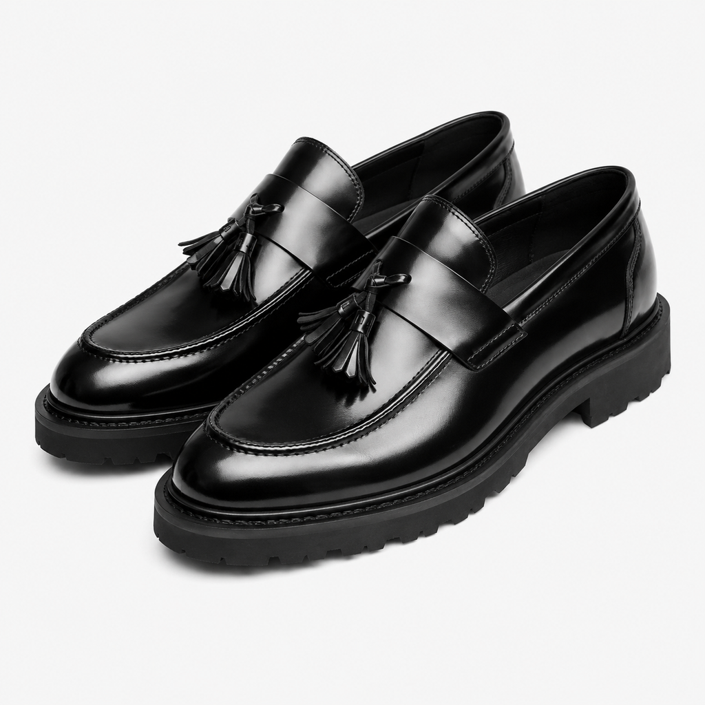 Mens Black Patent Leather Tassel Loafers – Elegant Genuine Leather Slip-On Business Dress Shoes
