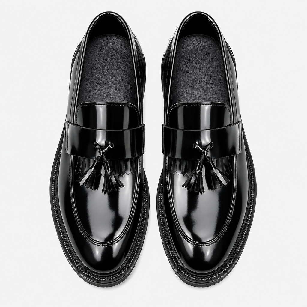 Mens Black Patent Leather Tassel Loafers – Elegant Genuine Leather Slip-On Business Dress Shoes