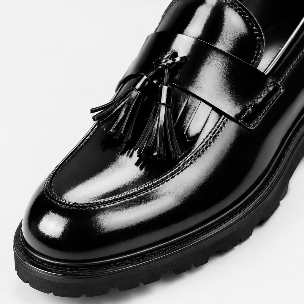 Mens Black Patent Leather Tassel Loafers – Elegant Genuine Leather Slip-On Business Dress Shoes