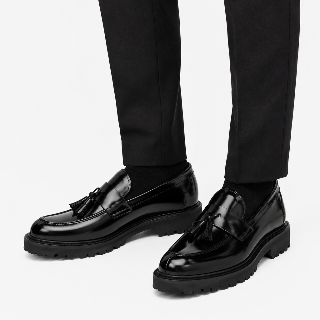 Mens Black Patent Leather Tassel Loafers – Elegant Genuine Leather Slip-On Business Dress Shoes