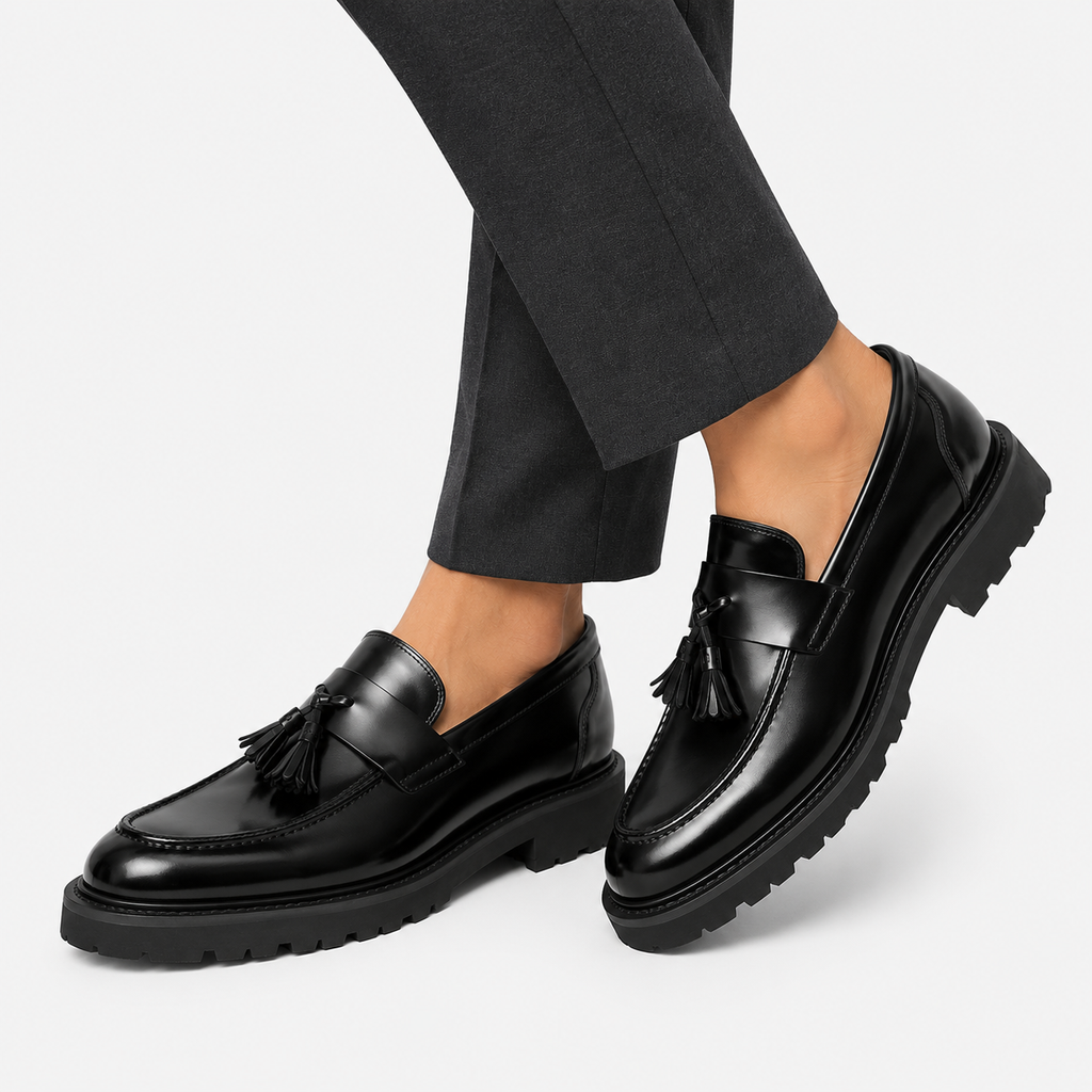 Mens Black Patent Leather Tassel Loafers – Elegant Genuine Leather Slip-On Business Dress Shoes