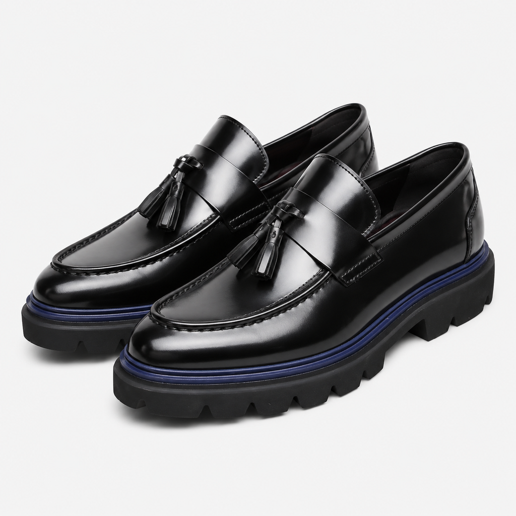 Mens Black Burgundy Patent Leather Tassel Loafers – Thick Red Sole Formal Dress Shoes