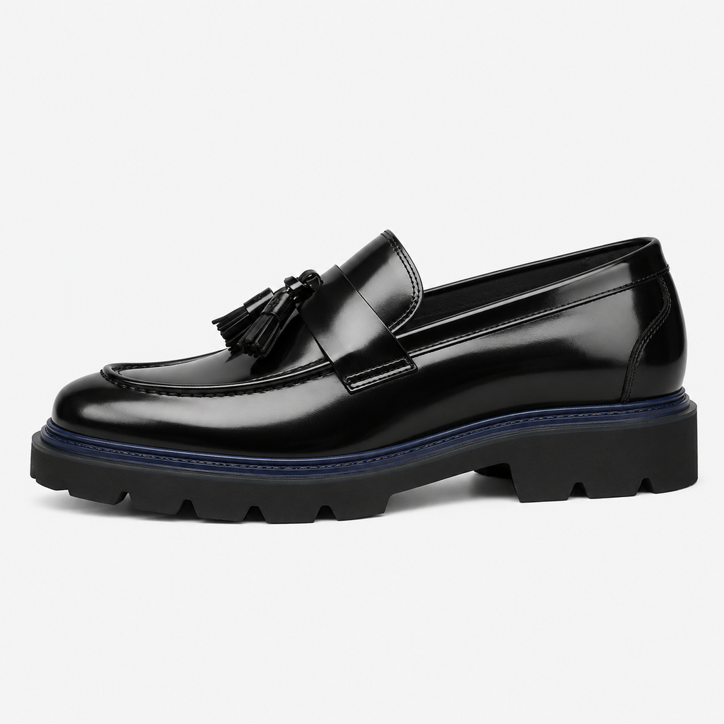 Mens Black Burgundy Patent Leather Tassel Loafers – Thick Red Sole Formal Dress Shoes