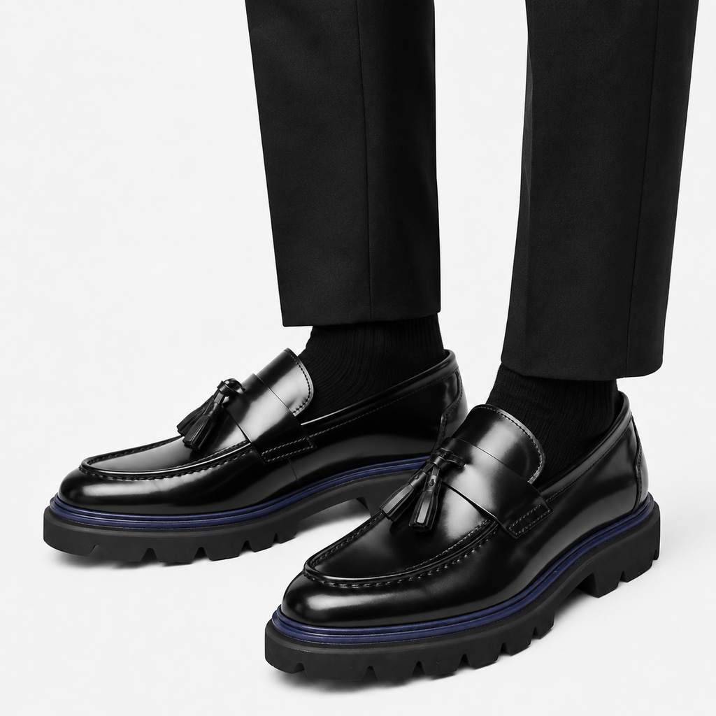 Mens Black Burgundy Patent Leather Tassel Loafers – Thick Red Sole Formal Dress Shoes