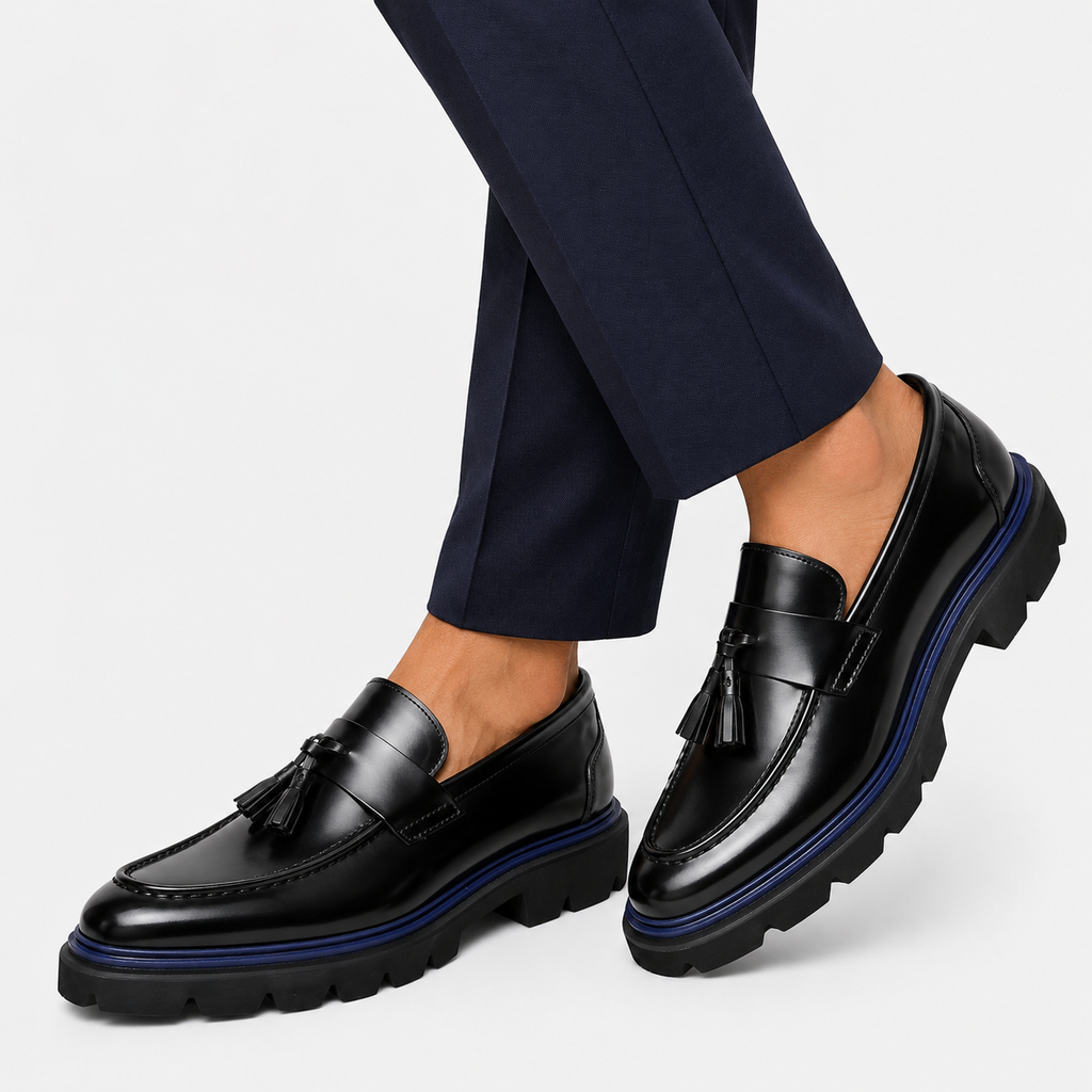 Mens Black Burgundy Patent Leather Tassel Loafers – Thick Red Sole Formal Dress Shoes