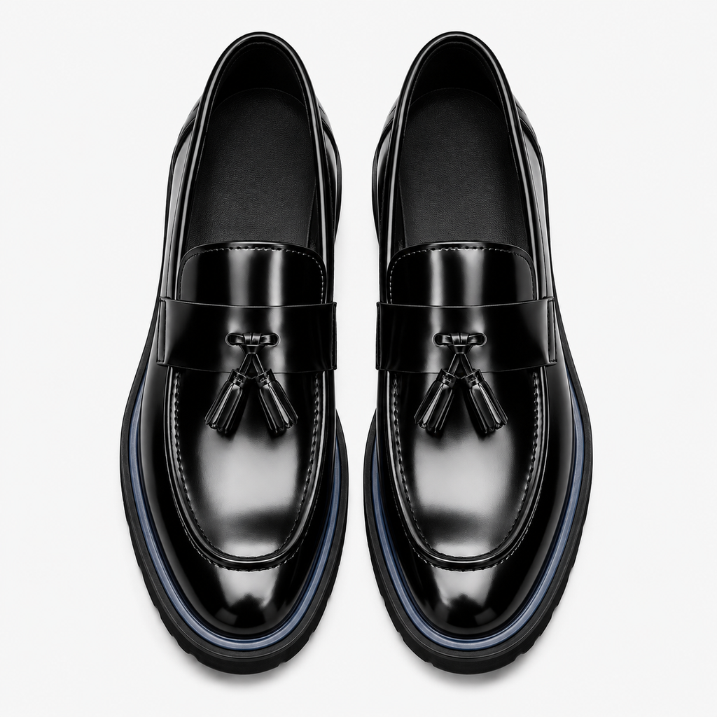 Mens Black Burgundy Patent Leather Tassel Loafers – Thick Red Sole Formal Dress Shoes