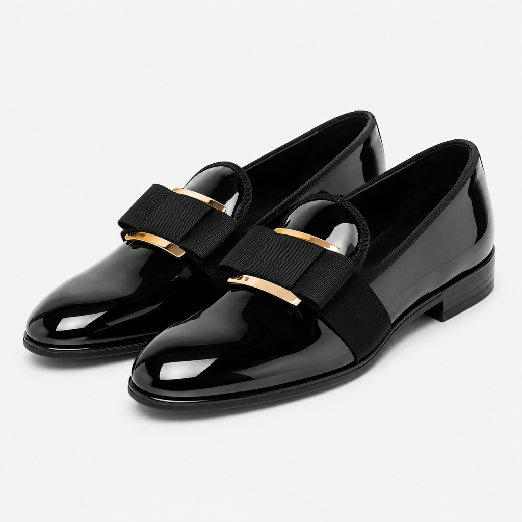 Mens Black Patent Leather Loafers – Handcrafted Bowtie Metal Detail Wedding Dress Shoes