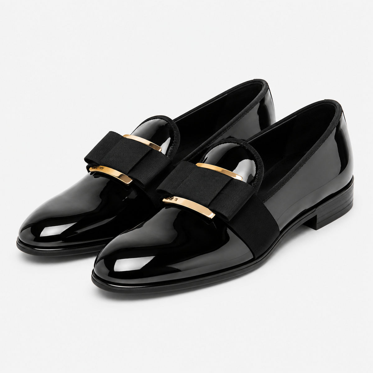 Mens Black Patent Leather Loafers – Handcrafted Bowtie Metal Detail Wedding Dress Shoes