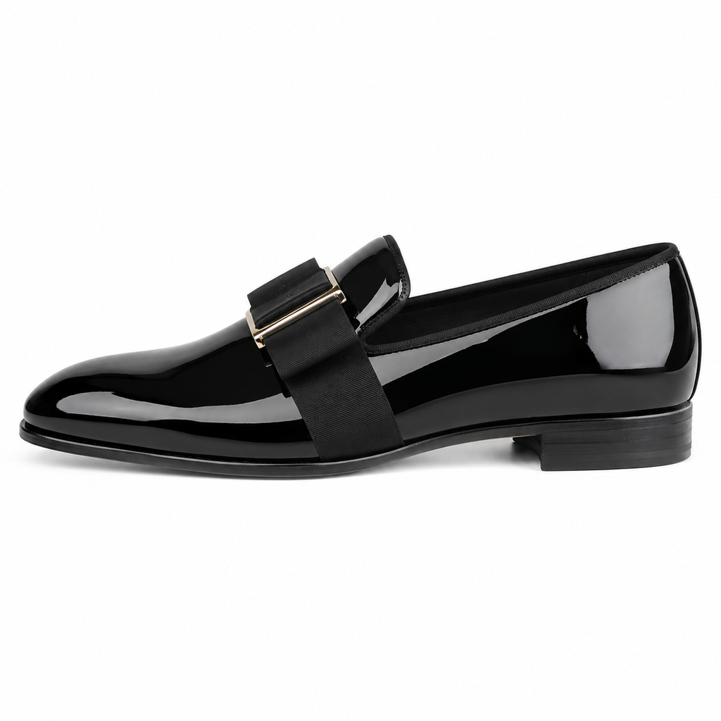 Mens Black Patent Leather Loafers – Handcrafted Bowtie Metal Detail Wedding Dress Shoes