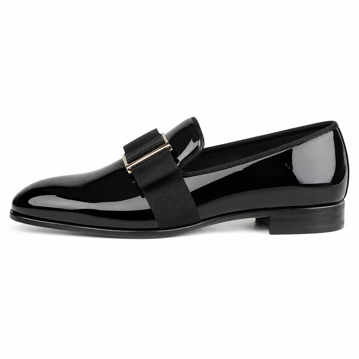 Mens Black Patent Leather Loafers – Handcrafted Bowtie Metal Detail Wedding Dress Shoes