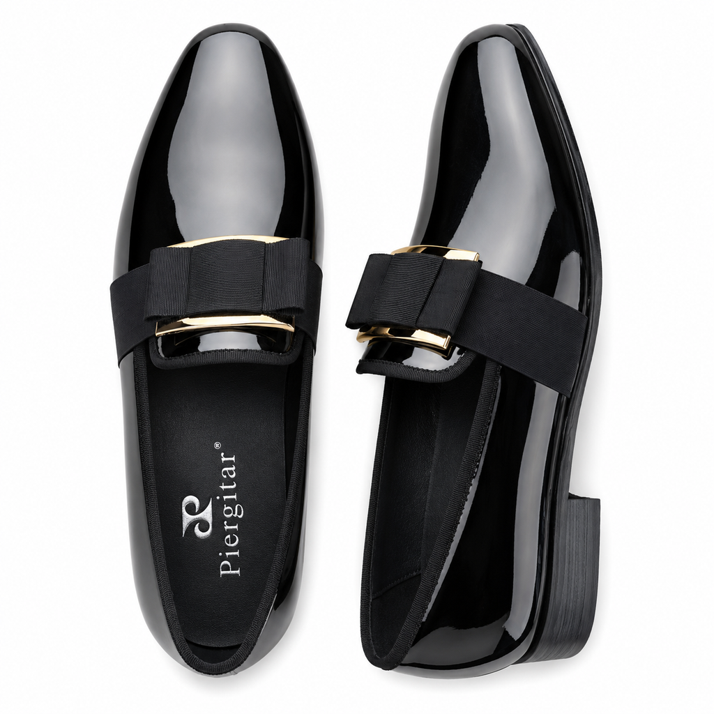 Mens Black Patent Leather Loafers – Handcrafted Bowtie Metal Detail Wedding Dress Shoes