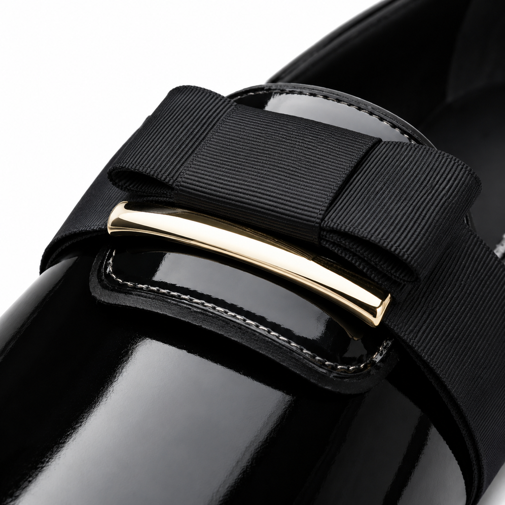 Mens Black Patent Leather Loafers – Handcrafted Bowtie Metal Detail Wedding Dress Shoes