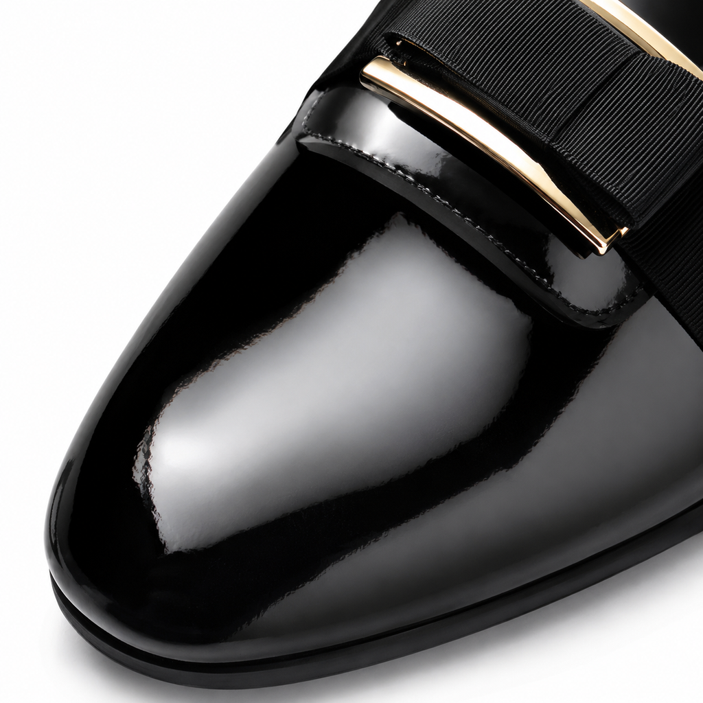 Mens Black Patent Leather Loafers – Handcrafted Bowtie Metal Detail Wedding Dress Shoes