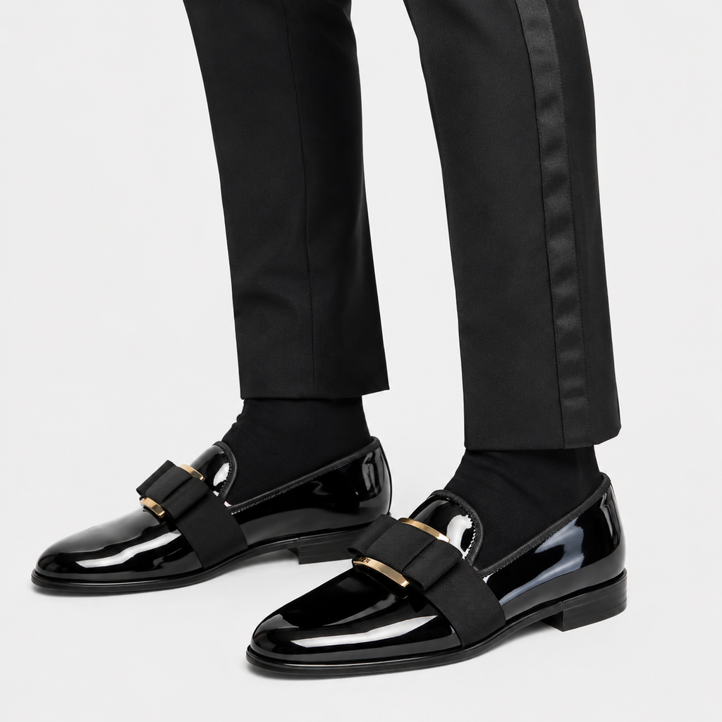Mens Black Patent Leather Loafers – Handcrafted Bowtie Metal Detail Wedding Dress Shoes
