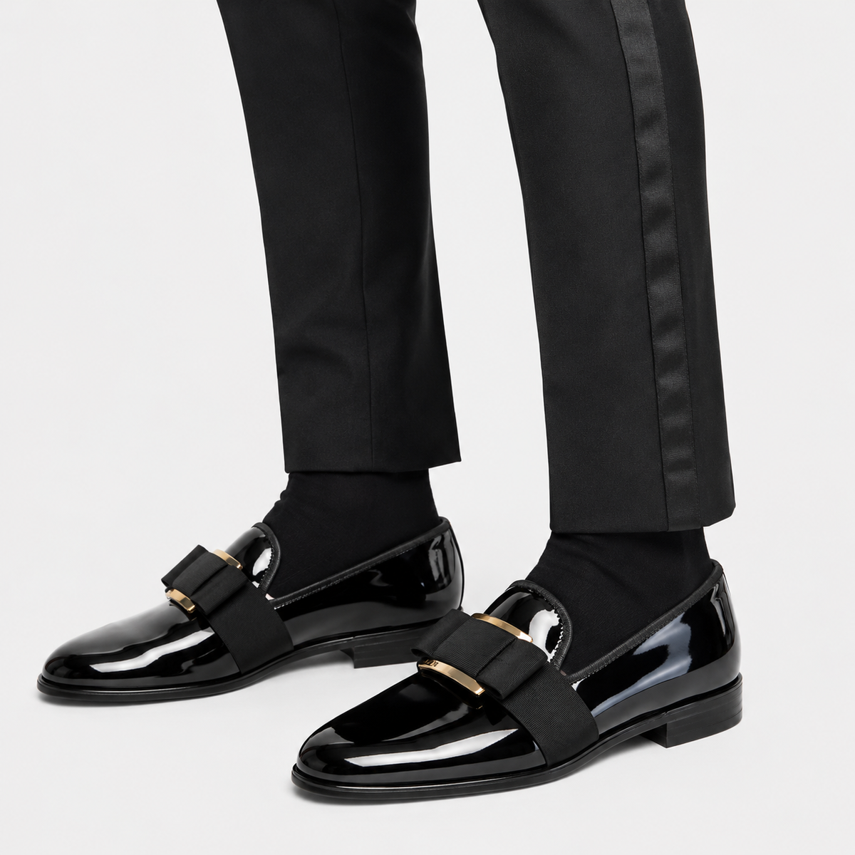 Mens Black Patent Leather Loafers – Handcrafted Bowtie Metal Detail Wedding Dress Shoes