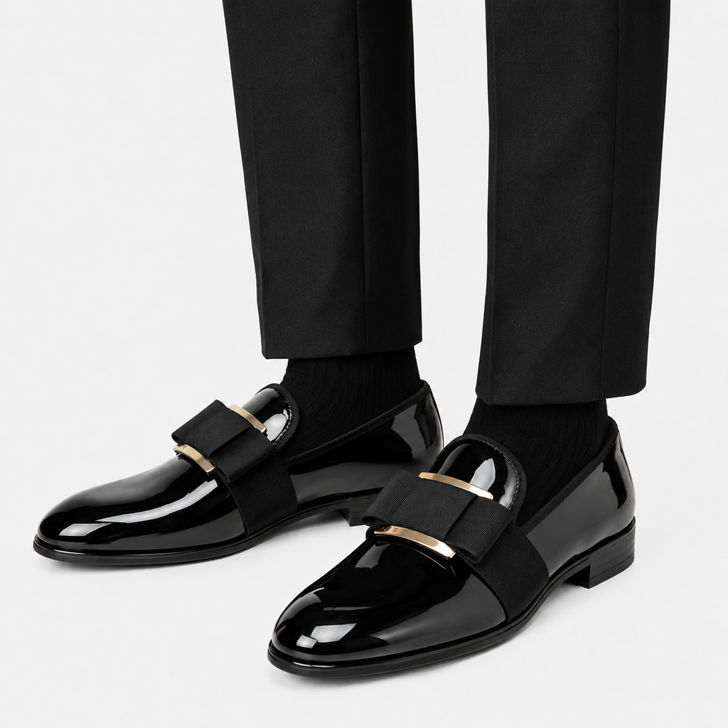 Mens Black Patent Leather Loafers – Handcrafted Bowtie Metal Detail Wedding Dress Shoes
