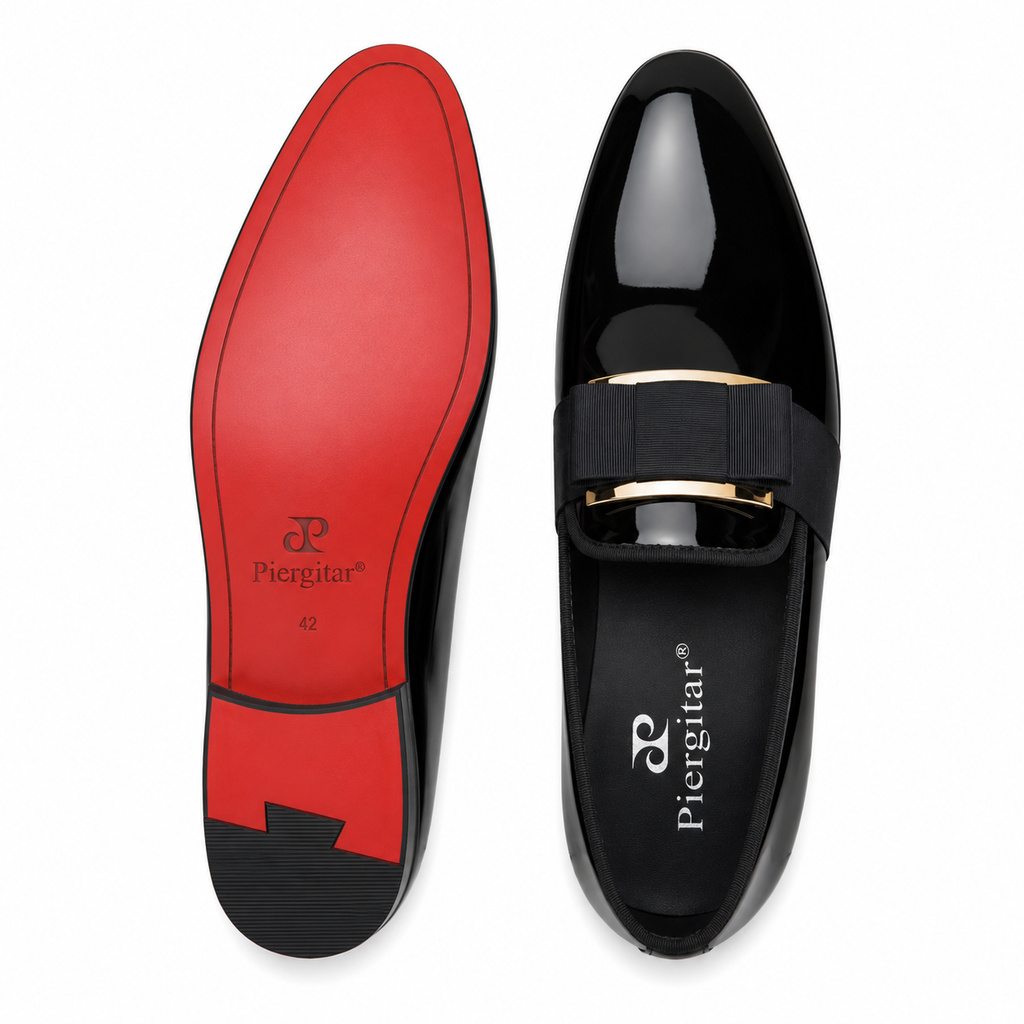 Mens Black Patent Leather Loafers – Handcrafted Bowtie Metal Detail Wedding Dress Shoes