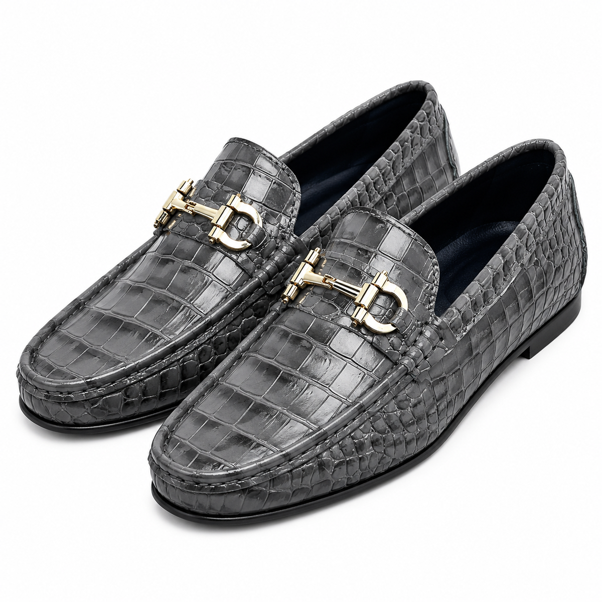 Mens Grey Patent Leather Croc Print Loafers – Casual Driving Brand Dress Shoes