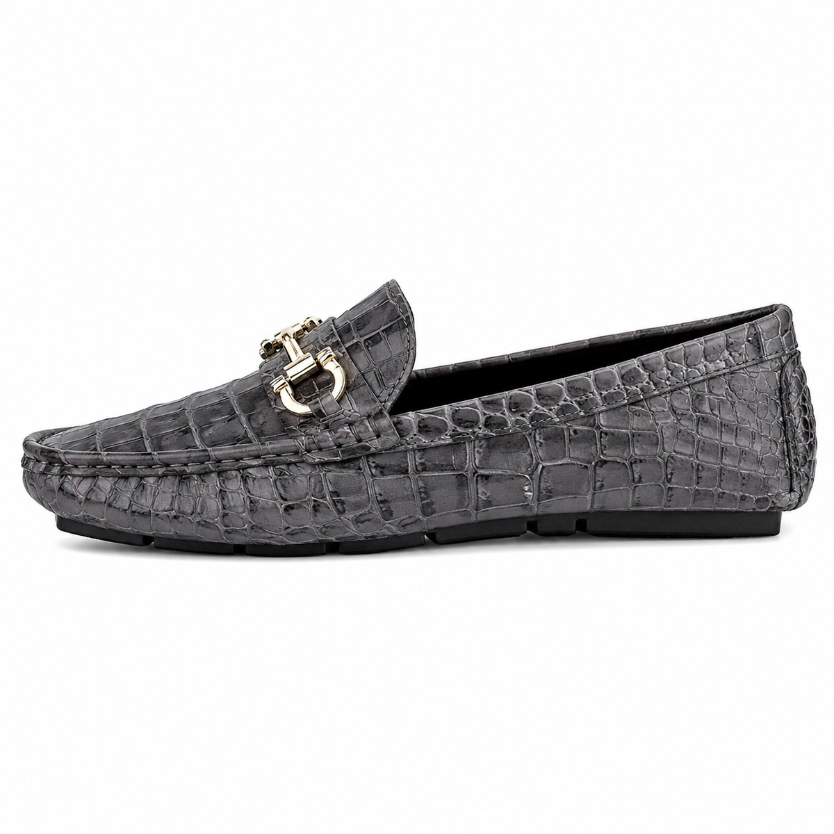 Mens Grey Patent Leather Croc Print Loafers – Casual Driving Brand Dress Shoes