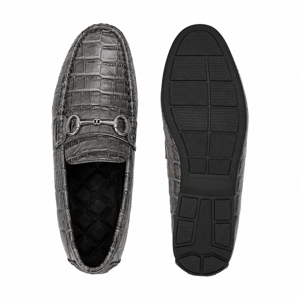 Mens Grey Patent Leather Croc Print Loafers – Casual Driving Brand Dress Shoes