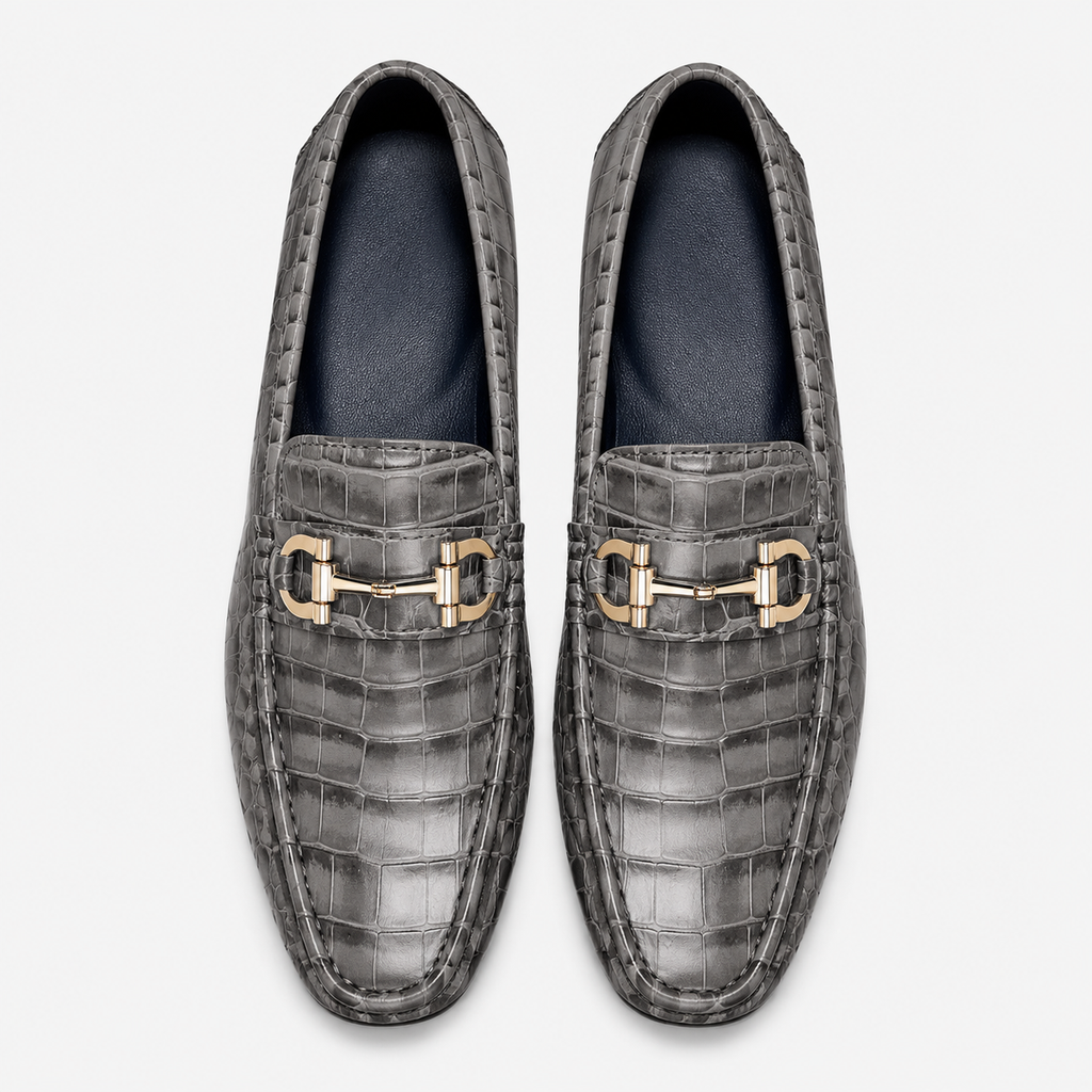 Mens Grey Patent Leather Croc Print Loafers – Casual Driving Brand Dress Shoes