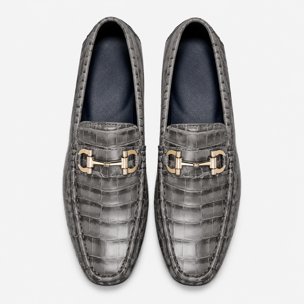 Mens Grey Patent Leather Croc Print Loafers – Casual Driving Brand Dress Shoes
