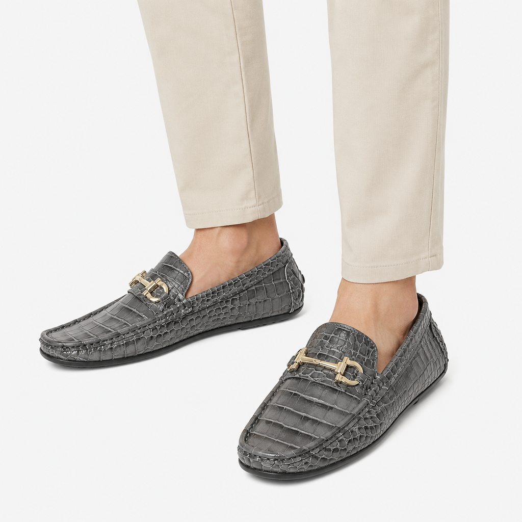 Mens Grey Patent Leather Croc Print Loafers – Casual Driving Brand Dress Shoes