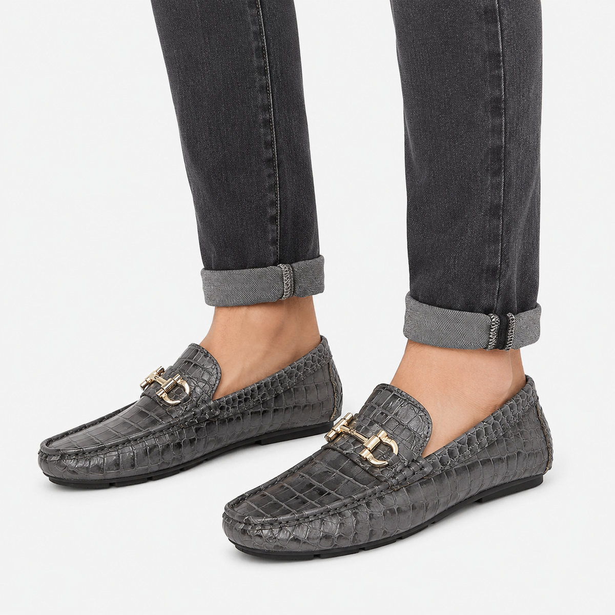 Mens Grey Patent Leather Croc Print Loafers – Casual Driving Brand Dress Shoes