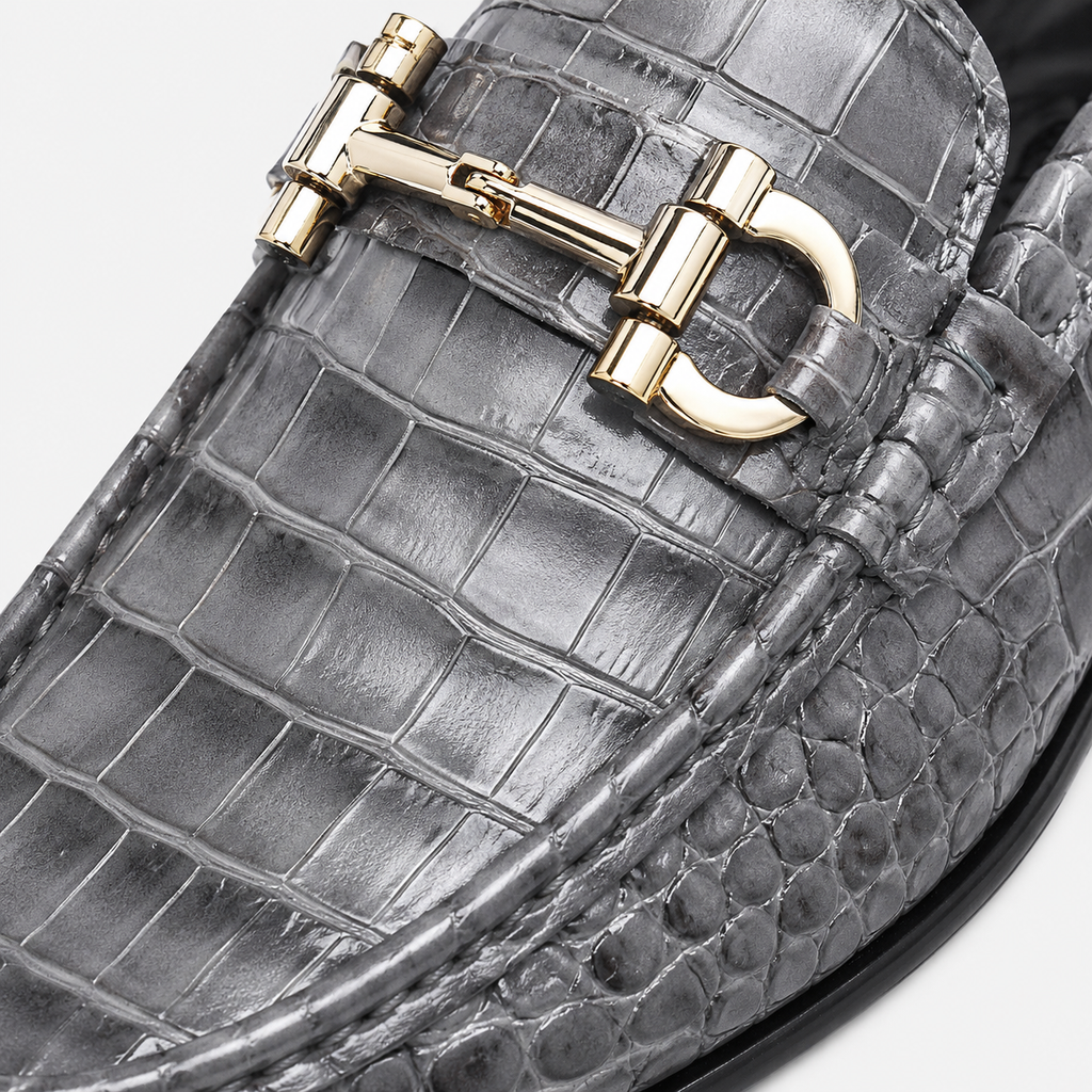 Mens Grey Patent Leather Croc Print Loafers – Casual Driving Brand Dress Shoes