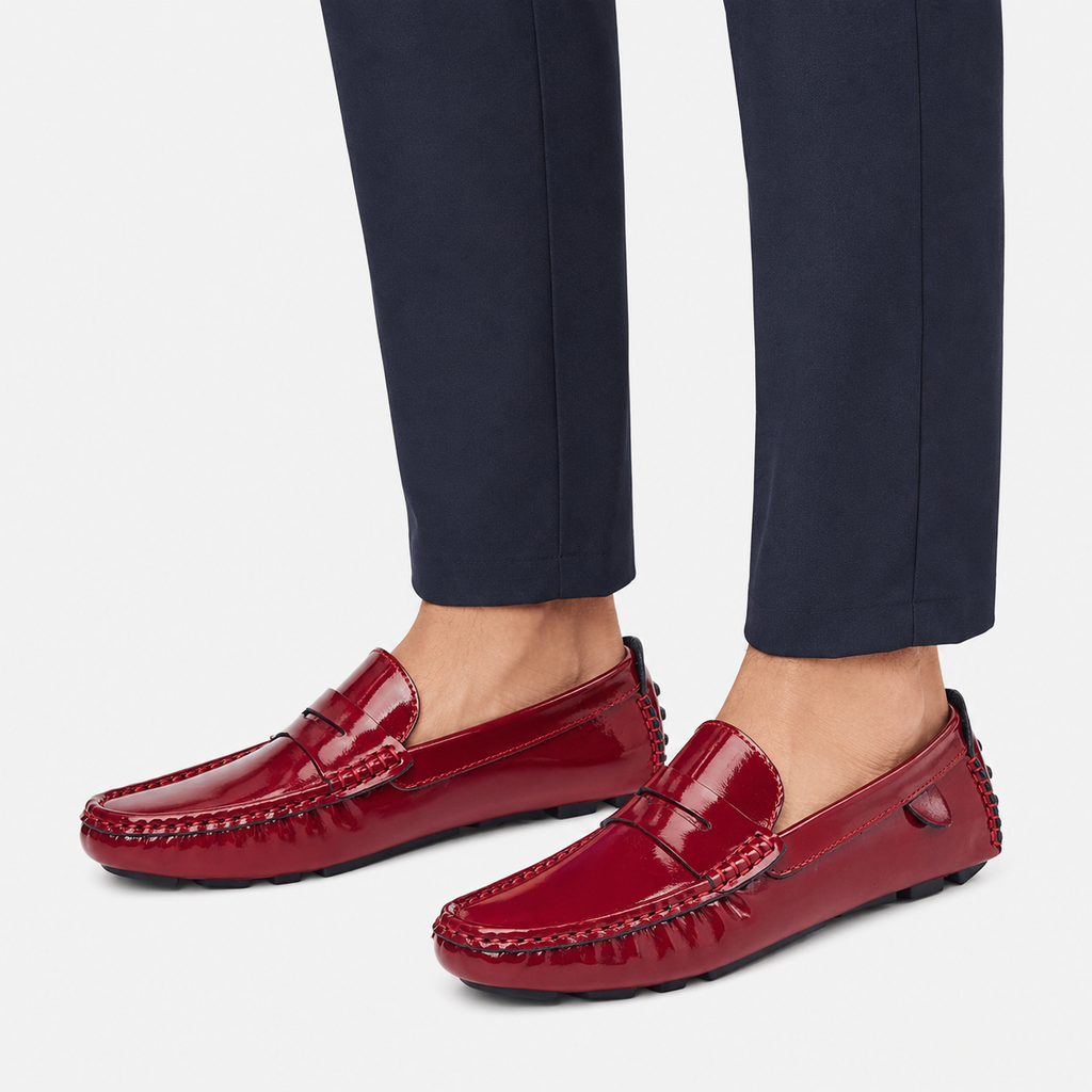 Mens Red Patent Leather Loafers – Glossy Luxury Office Dress Shoes
