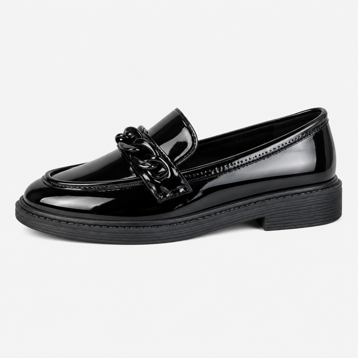 Womens Black Patent Leather Chain Loafers – Mid Heel Comfortable Plus Size Student Shoes