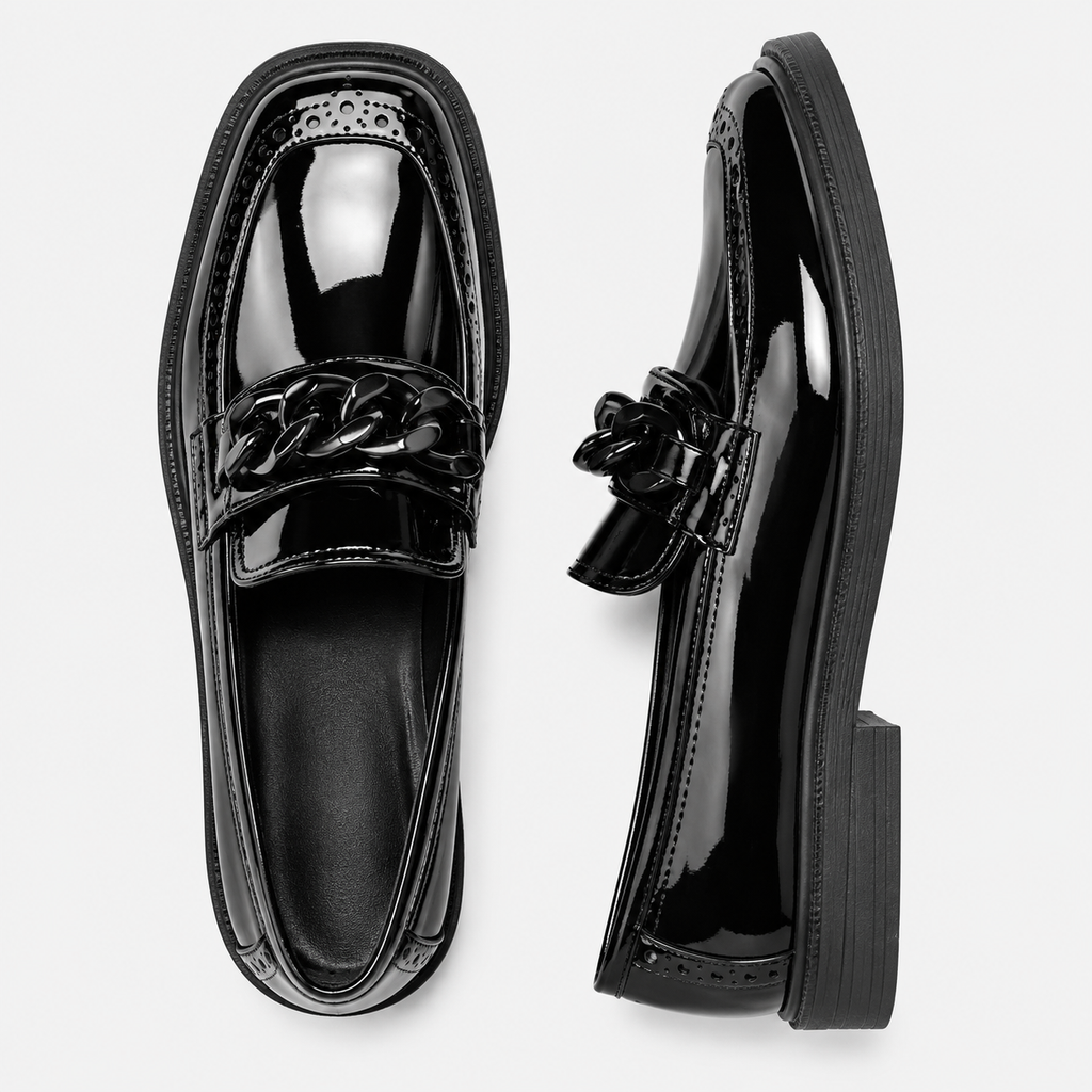 Womens Black Patent Leather Chain Loafers – Mid Heel Comfortable Plus Size Student Shoes