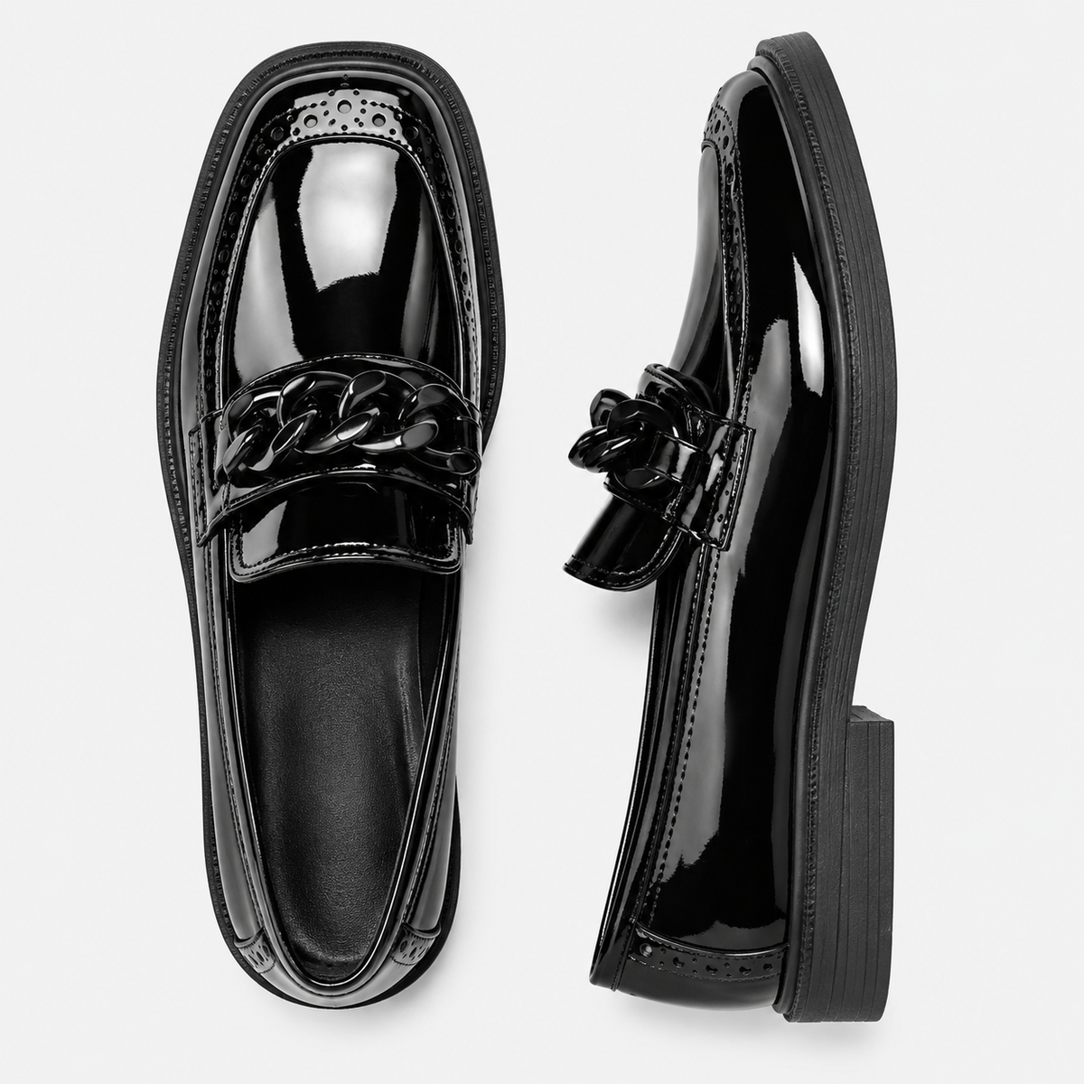 Womens Black Patent Leather Chain Loafers – Mid Heel Comfortable Plus Size Student Shoes