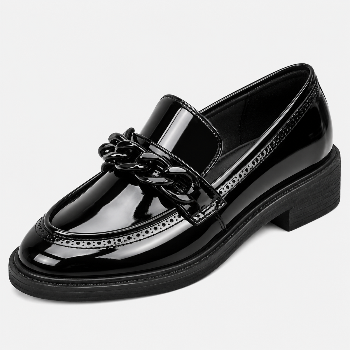 Womens Black Patent Leather Chain Loafers – Mid Heel Comfortable Plus Size Student Shoes