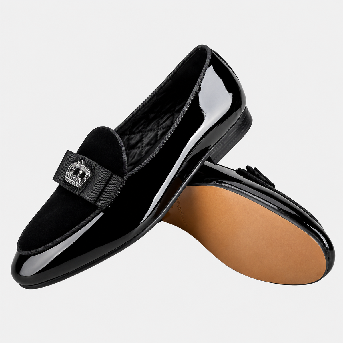 Mens Black Patent Leather Loafers – Handcrafted Crown Embroidery British Style Bow Tie Shoes